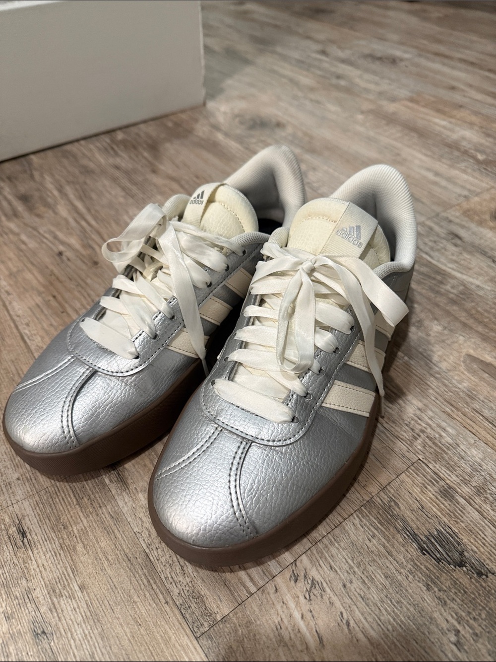 adidas ribbon Metallic Silver & Cream Classic Trainers